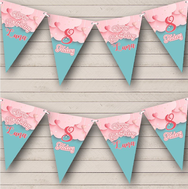 Kid's Birthday Blue Age Pink Clouds Personalized Party Banner Bunting