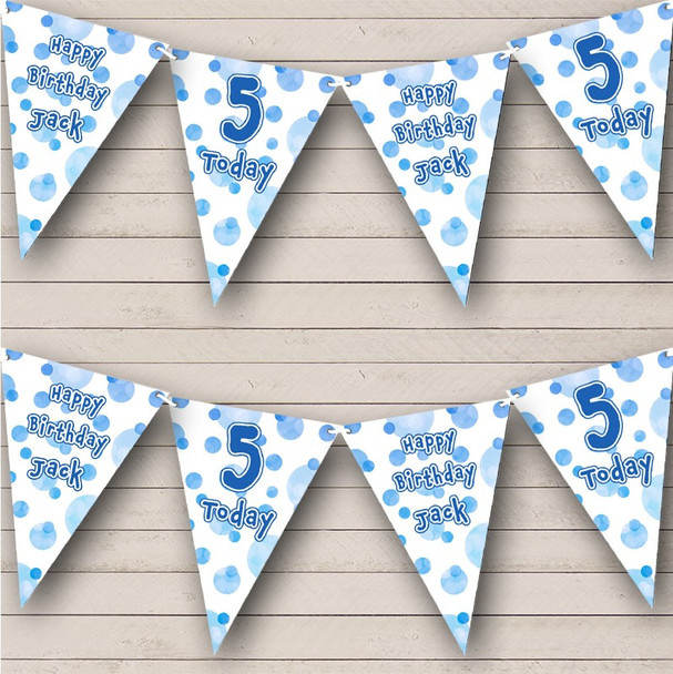 Kids Birthday Blue Polka Dot Watercolor Age Personalized Party Banner Bunting