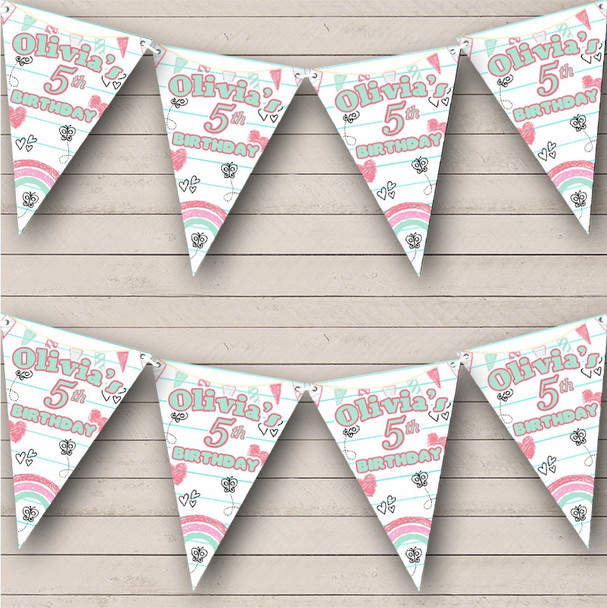 Kids Birthday Doodles Heart Rainbow Butterfly Age Personalized Banner Bunting
