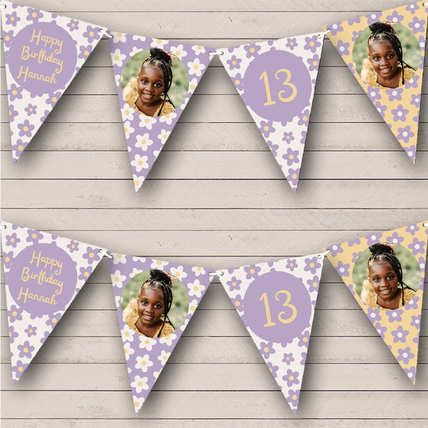 Photo Age Birthday Daisy Pattern Pastel Purple Yellow Personalized Bunting