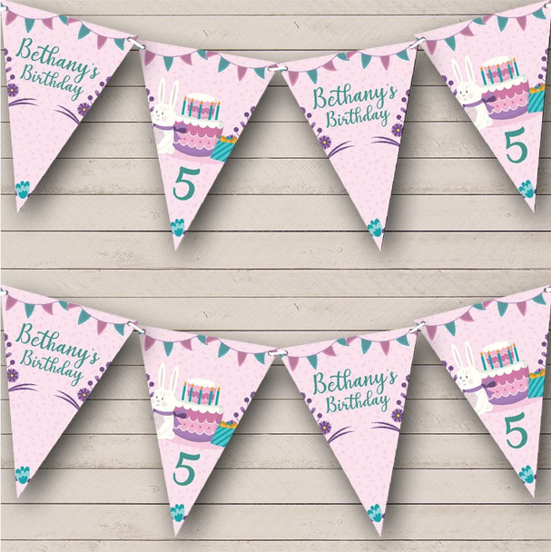 Pink Purple Green Birthday Cake Rabbit Party Personalized Party Banner Bunting
