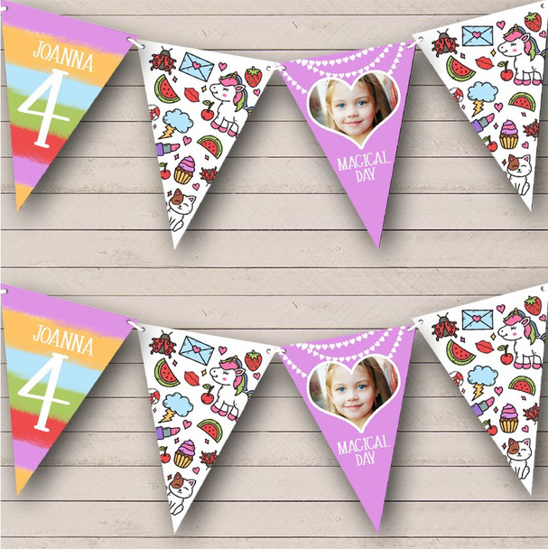 Unicorn Fun Kids Icons Photo Age Birthday Personalized Party Banner Bunting