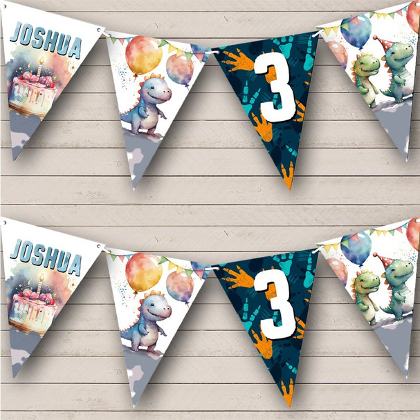 Watercolor Kids Birthday Dinosaur Personalized Party Banner Bunting