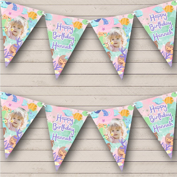 Watercolor Mermaid Sea Birthday Photo Personalized Party Banner Bunting
