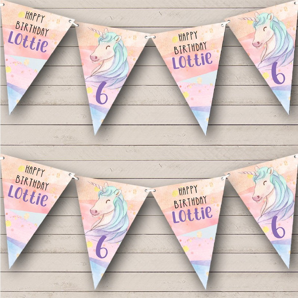 Watercolor Unicorn Kids Birthday Stripes Stars Personalized Banner Bunting