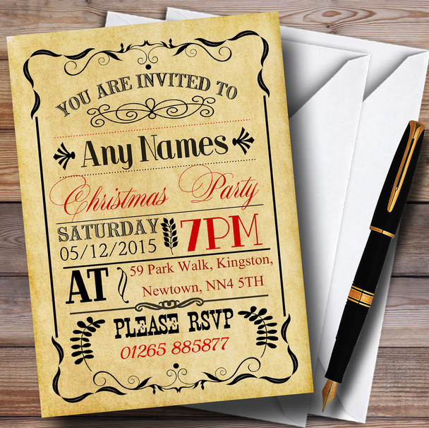 Vintage Old Style Red And Black Personalized Christmas Party Invitations