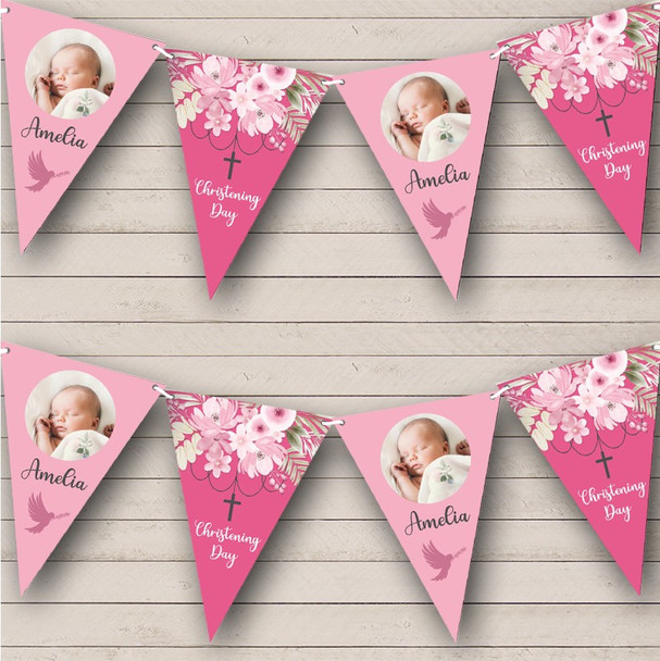 Christening Girl Baby Pink Pretty Flowers Cross Photo Personalized Bunting