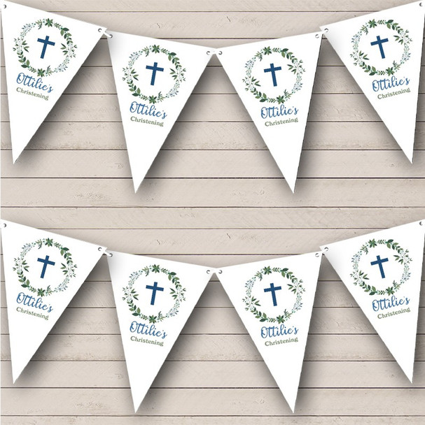 Floral Green Leaf Wreath Cross Christening Simple Personalized Banner Bunting