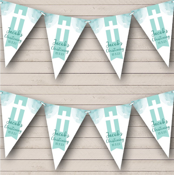 Green Banner Cross Pretty Watercolor Christening Personalized Banner Bunting