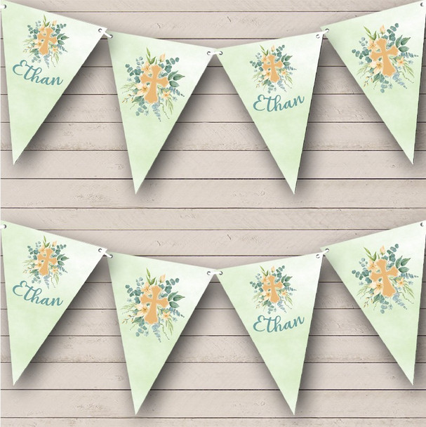 Watercolor Cross Flowers Green Christening Personalized Party Banner Bunting