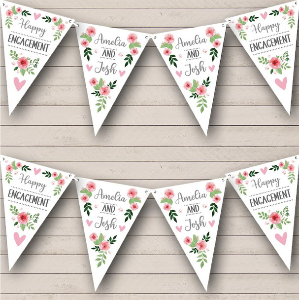 Happy Engagement Pink Flowers Engaged Personalized Party Banner Bunting