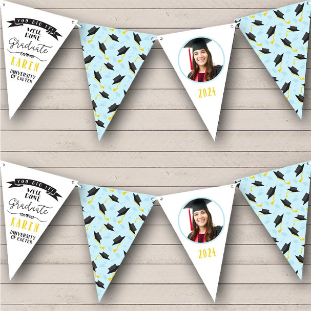 Blue Graduate Hats Happy Graduation Well Done Photo Personalized Banner Bunting