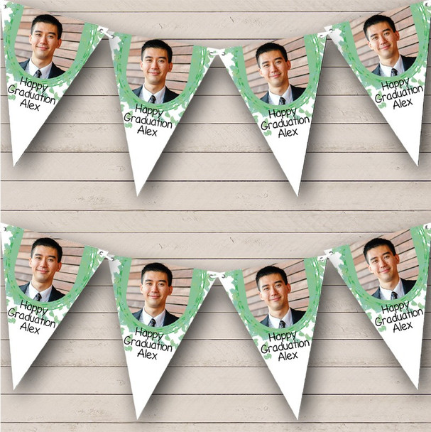 Green Leaves Simple Happy Graduation Photo Personalized Party Banner Bunting