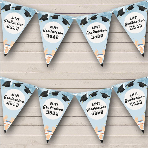 Happy Graduation Caps Blue Uni Graduate Personalized Party Banner Bunting