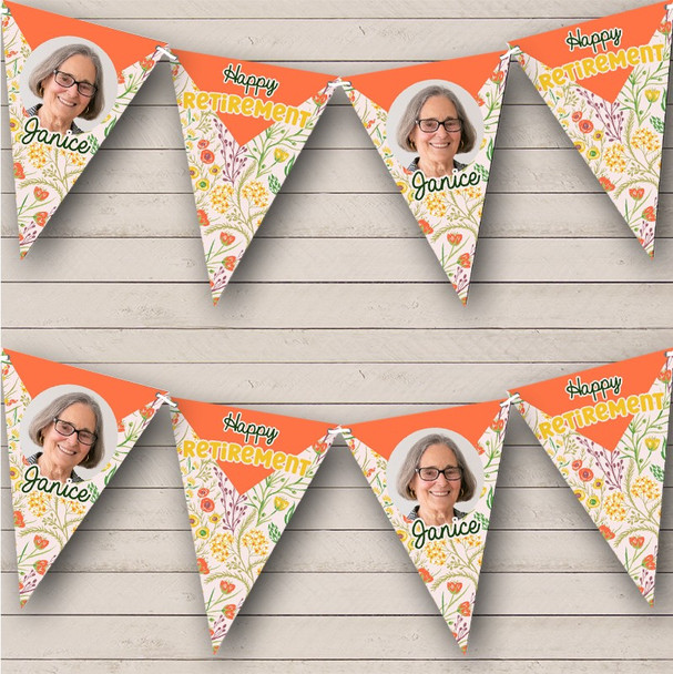Orange Retro Floral Retirement Party Photo Personalized Party Banner Bunting