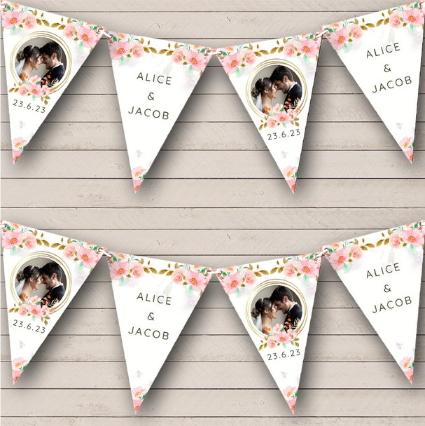 Gold Rings Pink Floral Wedding Day Date Photo Personalized Party Banner Bunting
