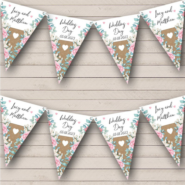Wedding Day Pink Blue Flowers Kraft Personalized Party Banner Bunting