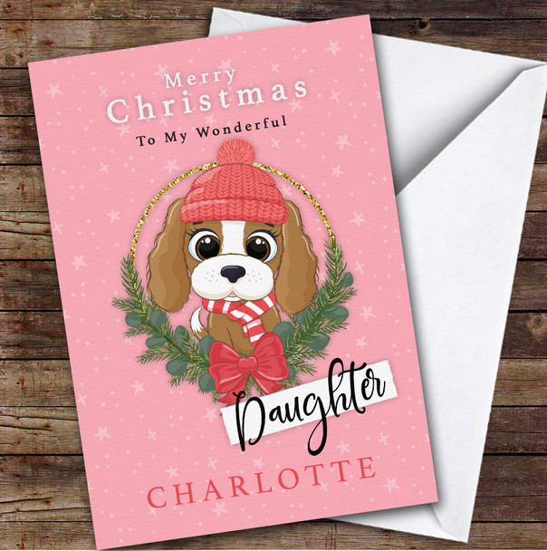 Daughter Cute Dog Wreath Custom Greeting Personalized Christmas Card