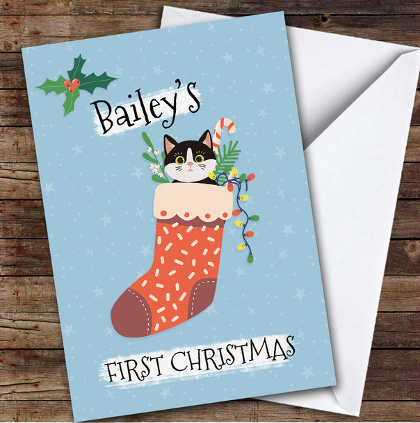 Kitten's 1st First Xmas Stocking Sock Custom Personalized Christmas Card