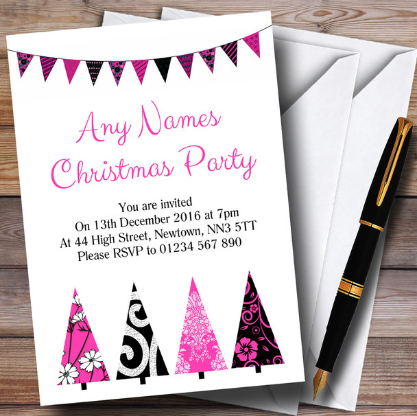 Black & Pink Xmas Trees Personalized Christmas Party Invitations
