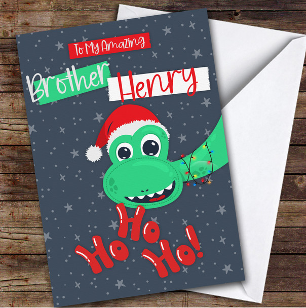 Brother Dinosaur With Santa's Hat Custom Greeting Personalized Christmas Card