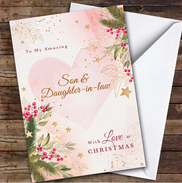 Son & Daughter-in-law Gold Floral Custom Greeting Personalized Christmas Card