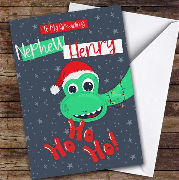 Nephew Dinosaur With Santa's Hat Custom Greeting Personalized Christmas Card