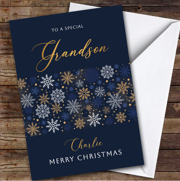 Special Grandson Blue Snowflakes Custom Greeting Personalized Christmas Card