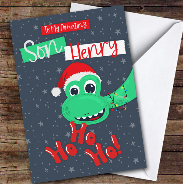 Son Dinosaur With Santa's Hat Custom Greeting Personalized Christmas Card