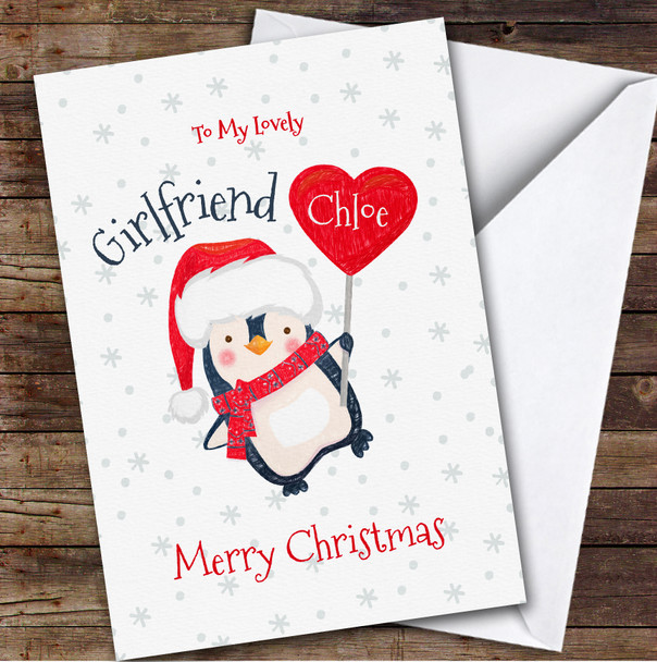 Girlfriend Penguin Santa Hat Custom Greeting Personalized Christmas Card