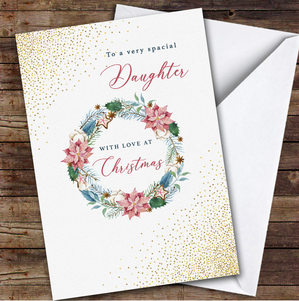 Daughter Pink Floral Wreath Custom Greeting Personalized Christmas Card