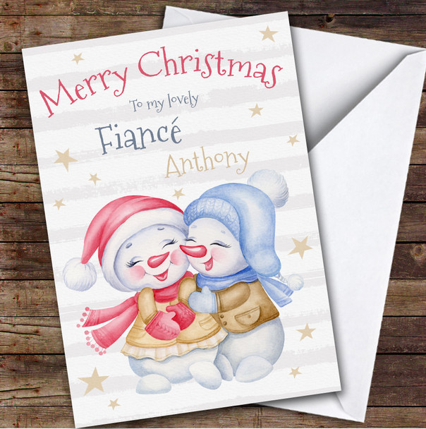 Fiancé Happy Snowman Couple Custom Greeting Personalized Christmas Card