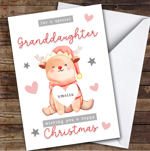 Granddaughter Reindeer Pink Custom Greeting Personalized Christmas Card