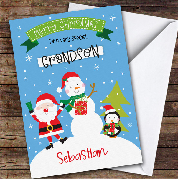 Grandson Santa With Snowman Custom Greeting Personalized Christmas Card