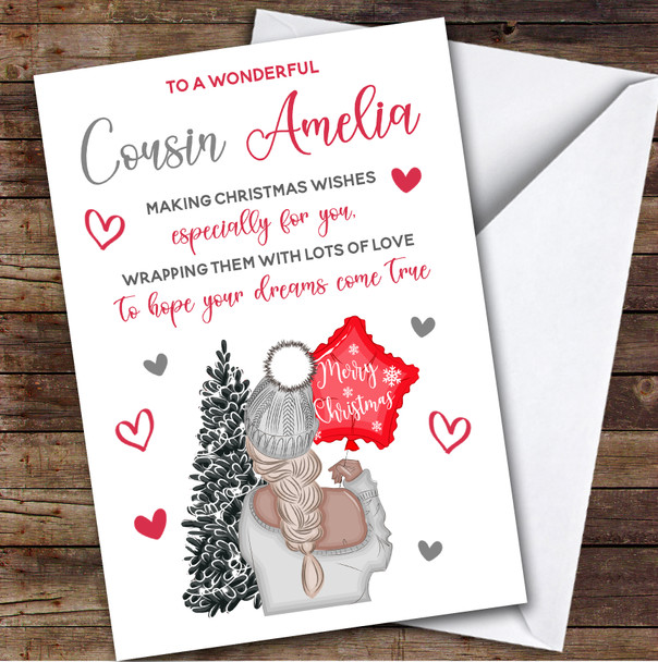 Cousin Female At Girl Tree Custom Greeting Personalized Christmas Card