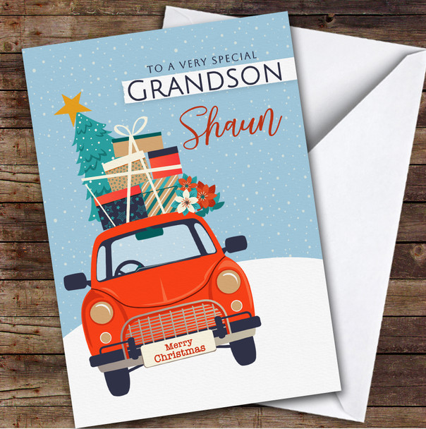 Grandson Red Truck Tree Custom Greeting Personalized Christmas Card