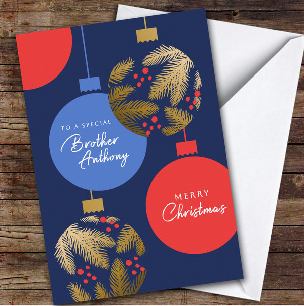 Brother Blue Baubles Custom Greeting Personalized Christmas Card