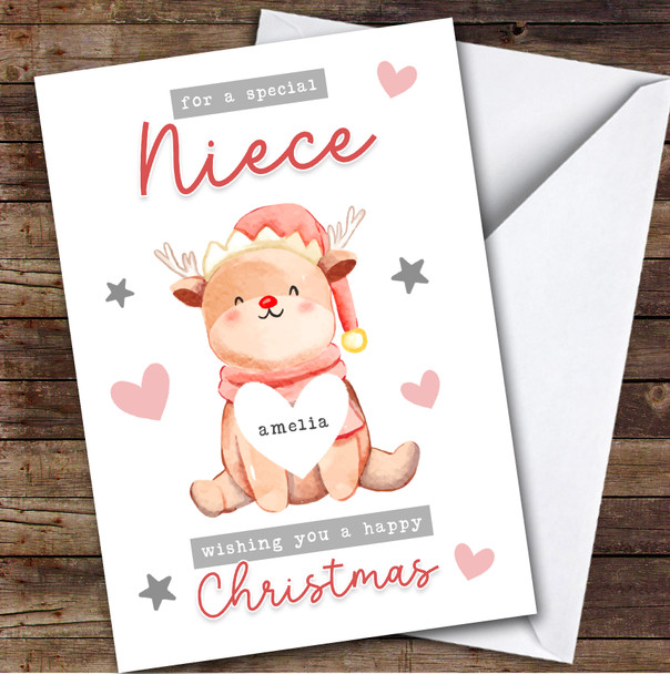 Niece Reindeer Pink Custom Greeting Personalized Christmas Card