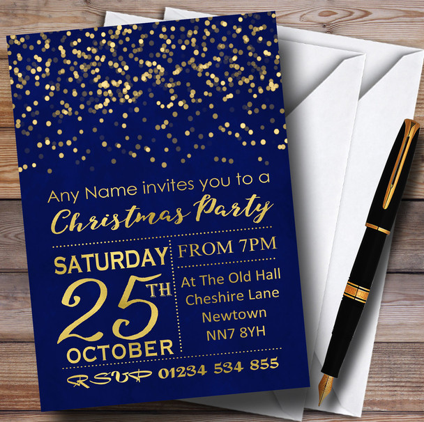 Blue With Gold Confetti Personalized Christmas Party Invitations