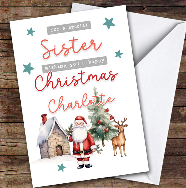 Sister Santa Scene Custom Greeting Personalized Christmas Card