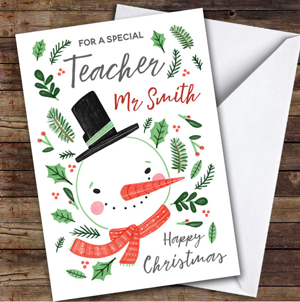 Teacher Snowman Custom Greeting Personalized Christmas Card