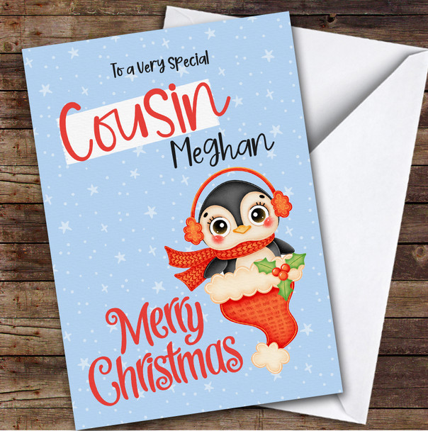 Cousin Penguin Custom Greeting Personalized Christmas Card