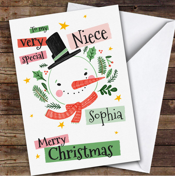 Niece Snowman Custom Greeting Personalized Christmas Card