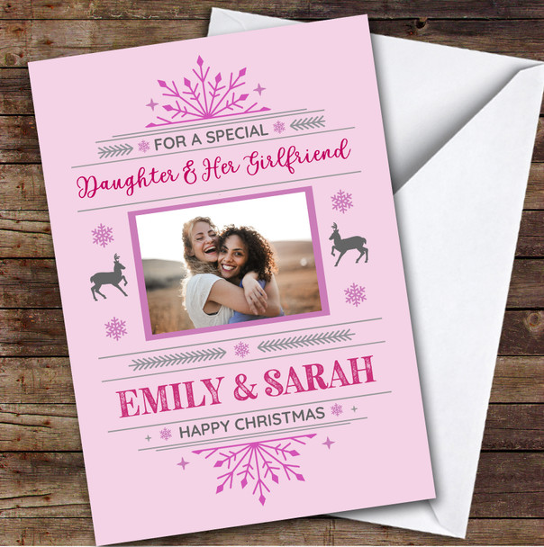 Daughter and Her Girlfriend Photo Pink Snowflake Personalized Christmas Card