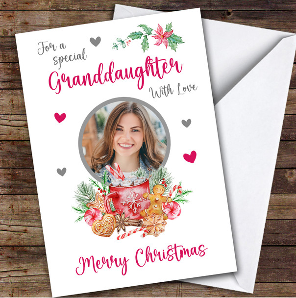 Granddaughter Merry Hot Chocolate Photo Floral Personalized Christmas Card