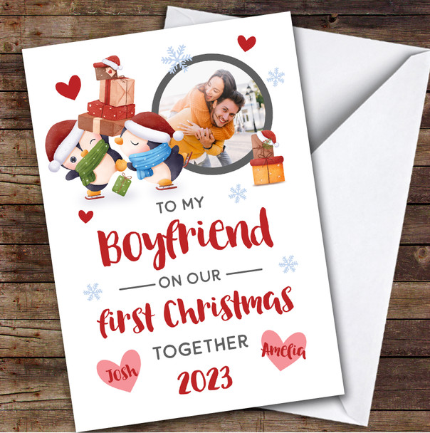 1st First Xmas With Boyfriend Photo Penguins Custom Personalized Christmas Card