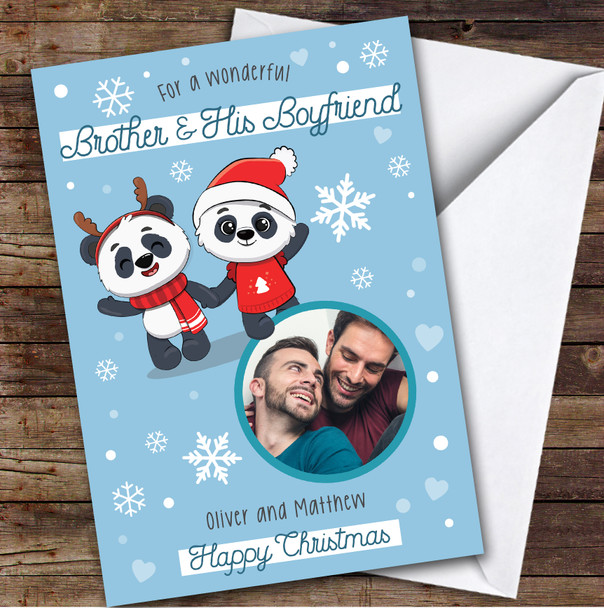 Brother and His Boyfriend Photo Couple Panda Custom Personalized Christmas Card