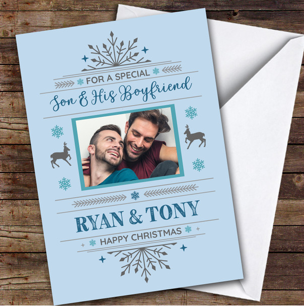 Son and His Boyfriend Photo Blue Snowflake Custom Personalized Christmas Card