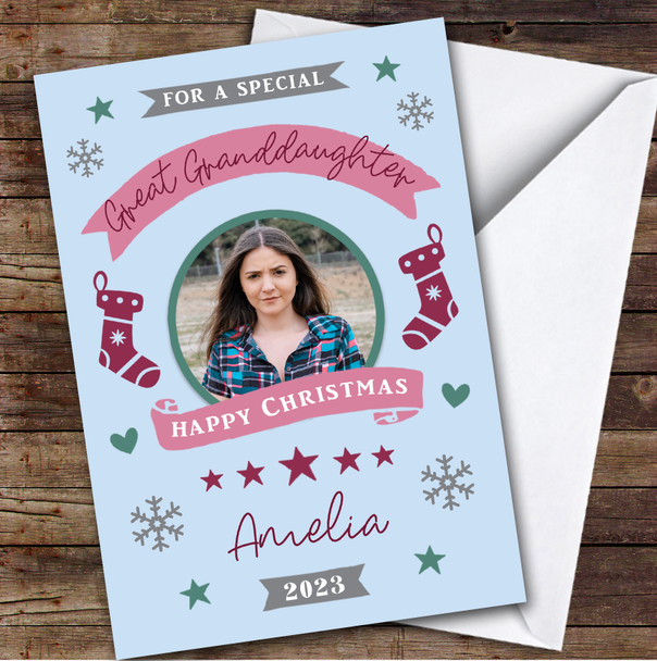 Great Granddaughter Pink Stocking Photo Custom Personalized Christmas Card