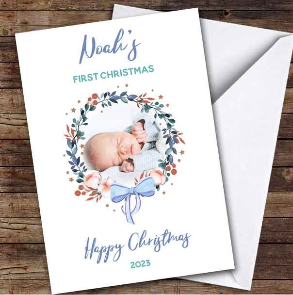 Baby Boy 1st First Xmas Photo Wreath Custom Greeting Personalized Christmas Card